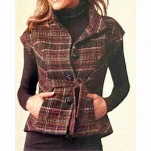 CAbi Cinch It Up Vest Womens medium in a brown, red, pink plaid wool blend.